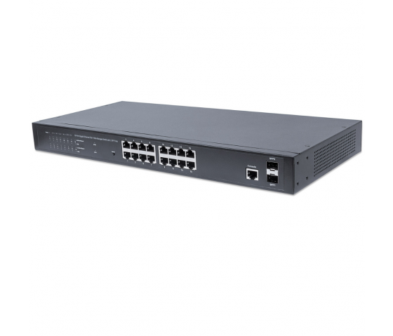 16-portowy przełącznik Gigabit Ethernet PoE+ zarządzany przez sieć z 2 portami SFP - 374 W PoE, do montażu w szafie Rack