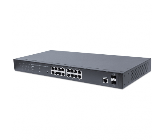 Conmutador PoE+ Gigabit Ethernet de 16 puertos gestionado por Web con 2 puertos SFP - 220 W PoE, montaje en bastidor