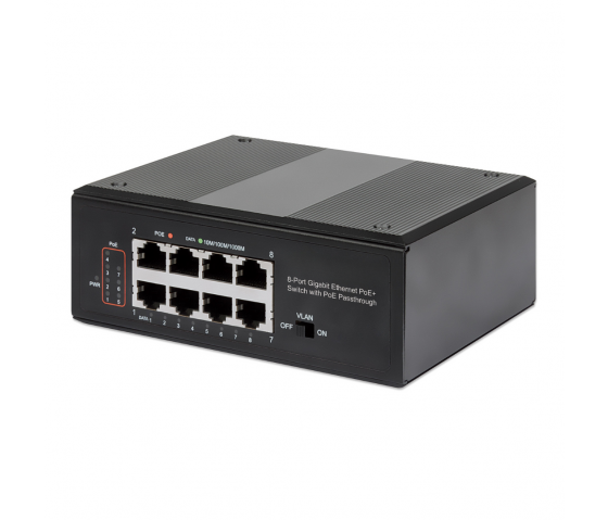 Switch industriale PoE+ a 8 porte Gigabit Ethernet alimentato a PoE - 120W PoE, montaggio su guida DIN