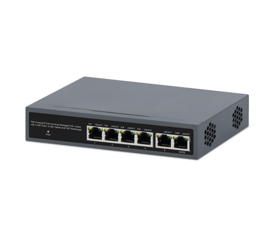 PoE-gespeister 6-Port Lite Smart Managed PoE+ Switch mit 4 GbE-Ports, 2 GbE-Uplinks und PoE-Pass-Through