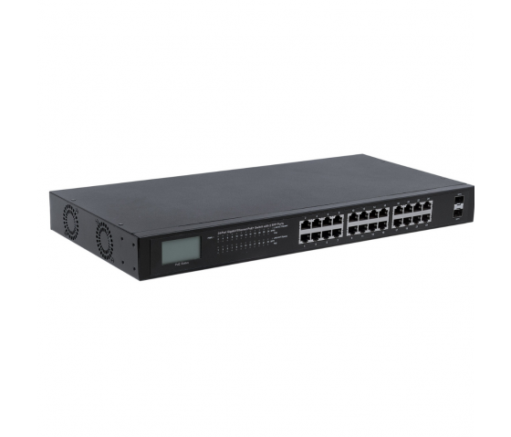 24-Port Gigabit Ethernet PoE+ Switch mit LCD - 370W PoE, Rackmount