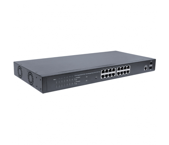 16-portowy przełącznik Gigabit Ethernet PoE+ zarządzany przez sieć z 2 portami SFP - 374 W PoE, do montażu w szafie Rack