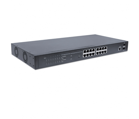 Conmutador PoE+ Gigabit Ethernet de 16 puertos gestionado por Web con 2 puertos SFP - 220 W PoE, montaje en bastidor