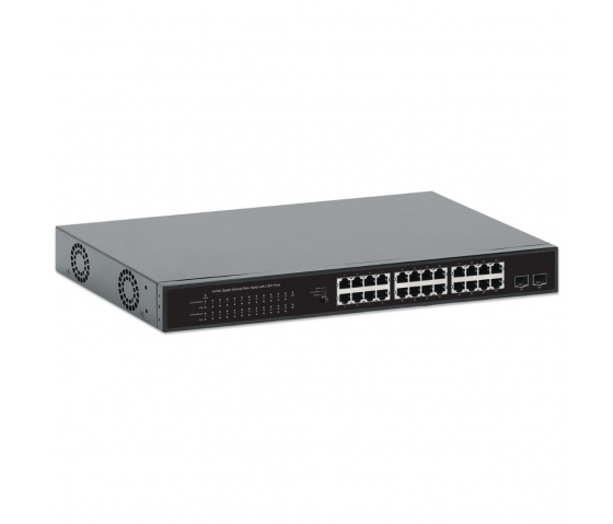 24-Port Gigabit Ethernet PoE+ Switch with 2 SFP ports - 370W PoE, Rackmount