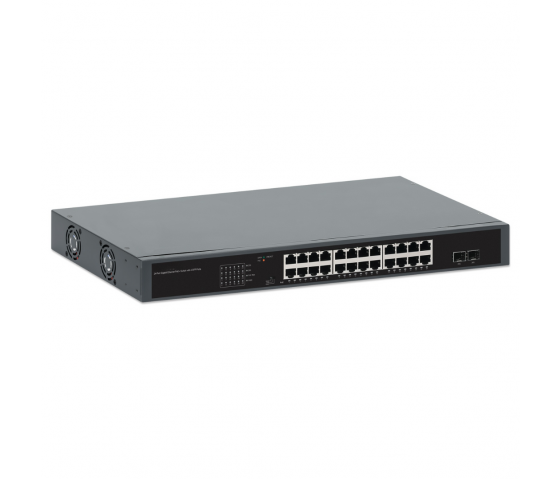 24 portars Gigabit Ethernet PoE+-switch med 2 SFP-portar - 370 W PoE, självläkande nätverk, rackmonterad