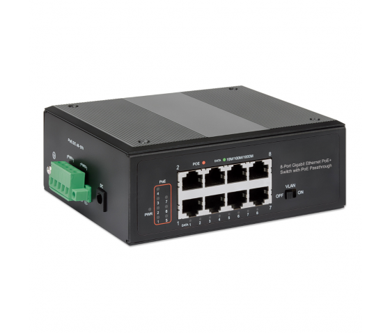 Switch industriale PoE+ a 8 porte Gigabit Ethernet alimentato a PoE - 120W PoE, montaggio su guida DIN