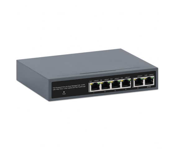 PoE-gespeister 6-Port Lite Smart Managed PoE+ Switch mit 4 GbE-Ports, 2 GbE-Uplinks und PoE-Pass-Through