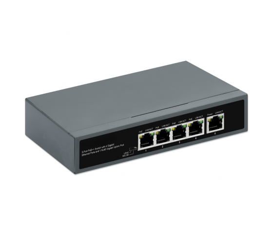 5-Port PoE++ Switch with Gigabit Ethernet and Uplink functionality - desktop/wall mount