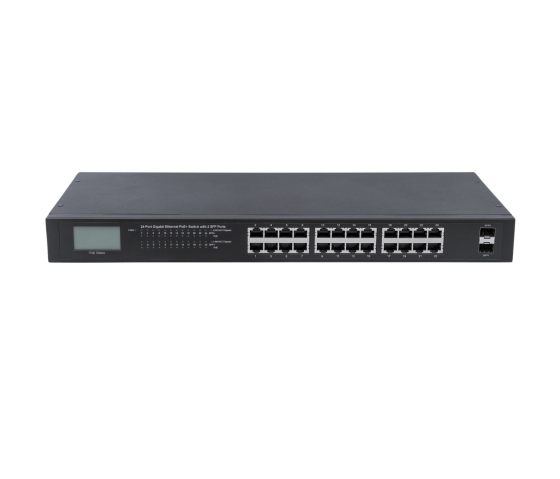 24-Port Gigabit Ethernet PoE+ Switch mit LCD - 370W PoE, Rackmount