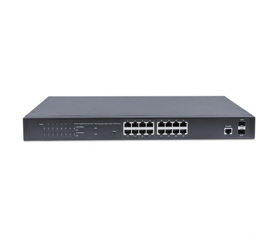 16-portowy przełącznik Gigabit Ethernet PoE+ zarządzany przez sieć z 2 portami SFP - 374 W PoE, do montażu w szafie Rack