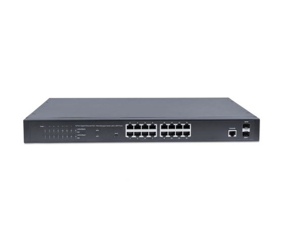 Conmutador PoE+ Gigabit Ethernet de 16 puertos gestionado por Web con 2 puertos SFP - 220 W PoE, montaje en bastidor