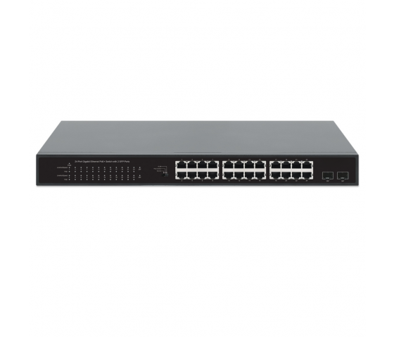 24-Port Gigabit Ethernet PoE+ Switch with 2 SFP ports - 370W PoE, Rackmount