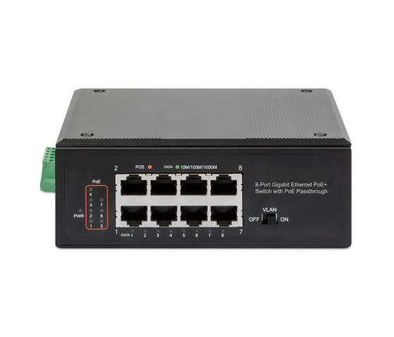 Switch industriale PoE+ a 8 porte Gigabit Ethernet alimentato a PoE - 120W PoE, montaggio su guida DIN