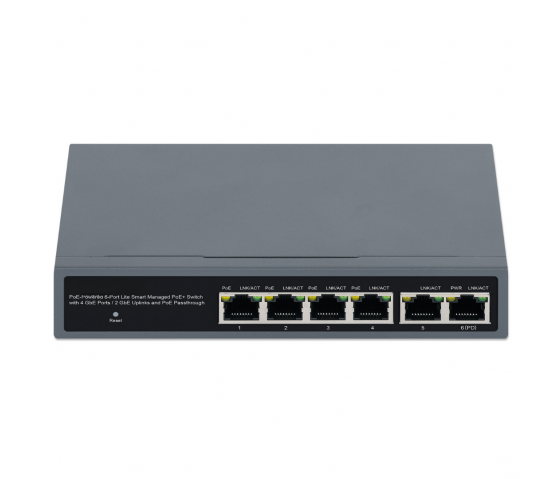 PoE-gespeister 6-Port Lite Smart Managed PoE+ Switch mit 4 GbE-Ports, 2 GbE-Uplinks und PoE-Pass-Through