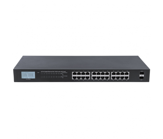 24-Port Gigabit Ethernet PoE+ Switch mit LCD - 370W PoE, Rackmount