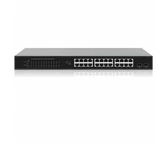 24-Port Gigabit Ethernet PoE+ Switch with 2 SFP ports - 370W PoE, Rackmount