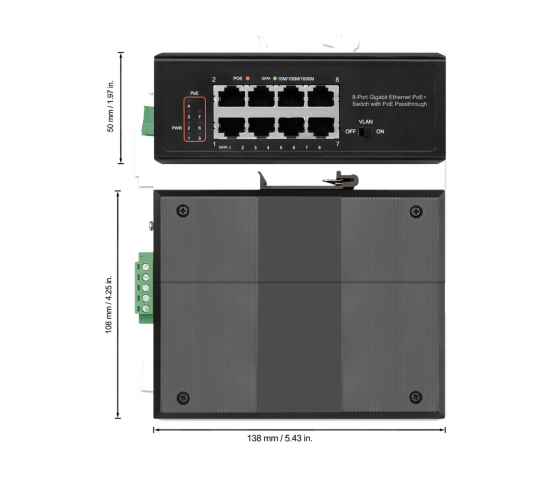 Switch industriale PoE+ a 8 porte Gigabit Ethernet alimentato a PoE - 120W PoE, montaggio su guida DIN