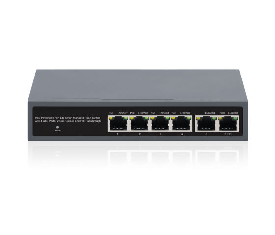 PoE-gespeister 6-Port Lite Smart Managed PoE+ Switch mit 4 GbE-Ports, 2 GbE-Uplinks und PoE-Pass-Through