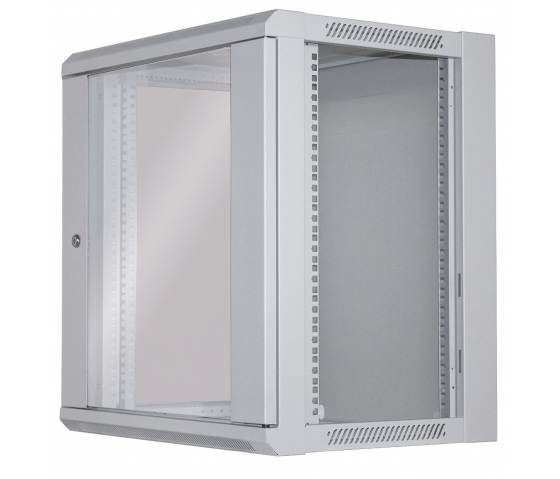 19 inch wall server cabinet MHT116 with glass door - 12U height - 450 mm deep - flatpack - gray