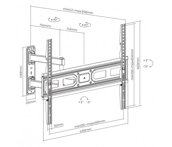 Fully movable TV wall bracket MHT66 with adjustable levelling for 37 to 70-inch televisions