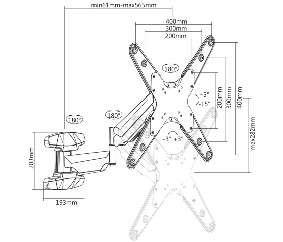 Universal gas spring TV wall bracket MHT93 with single arm for 21 to 60 inch televisions or monitors