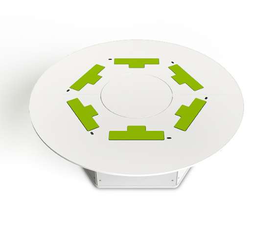 Round computer table P1 6-person with 6 electric pop-up monitor enclosures