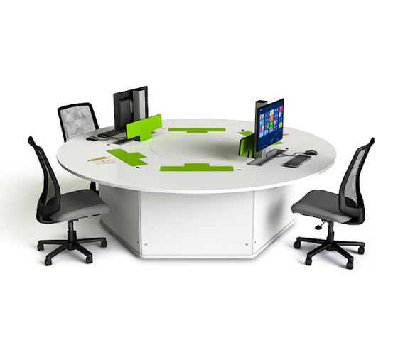 Round computer table P1 6-person with 6 electric pop-up monitor enclosures