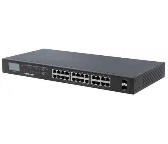 24-Port Gigabit Ethernet PoE+ Switch mit LCD - 370W PoE, Rackmount