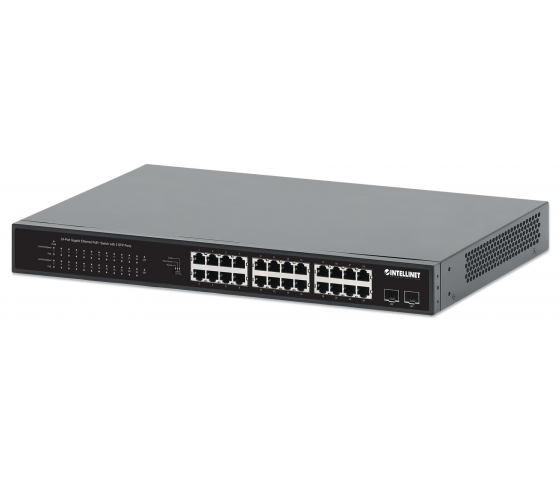 24-Port Gigabit Ethernet PoE+ Switch with 2 SFP ports - 370W PoE, Rackmount