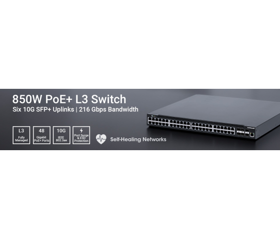 Conmutador PoE+ gestionado L3 de 54 puertos con 6 enlaces ascendentes SFP+ - 850W PoE, montaje en bastidor