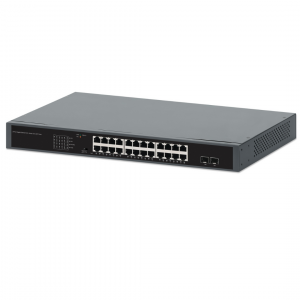 24-Port Gigabit Ethernet PoE+ Switch with 2 SFP Ports - 370W PoE, Self-Healing Network, Rackmount