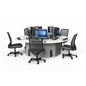 Round computer table P1 5-person with 5 electric pop-up monitor enclosures