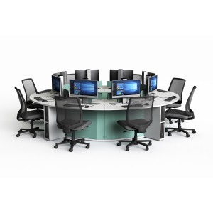 Round computer table P1 8-person with 8 electric pop-up monitor enclosures